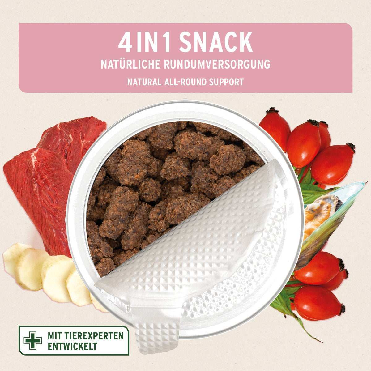 Halgeöffnete Dose 4 in 1 Snack von oben abgebildet.