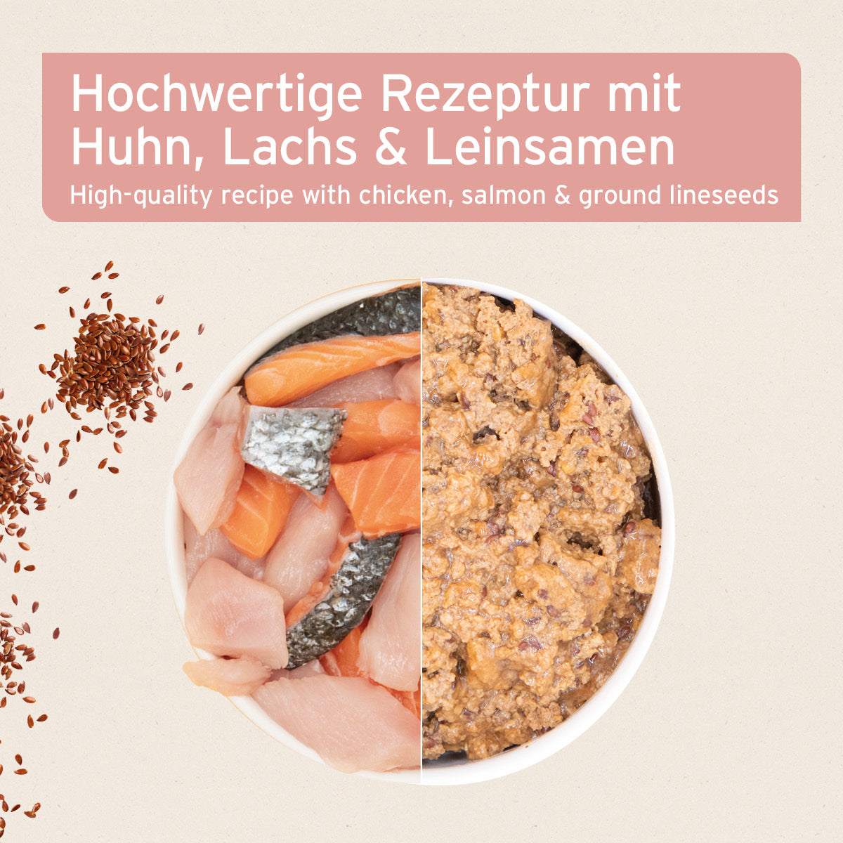 Hochwertiges Katzenfutter mit Huhn, Lachs und Leinsamen, getreidefrei und reich an Omega-3.