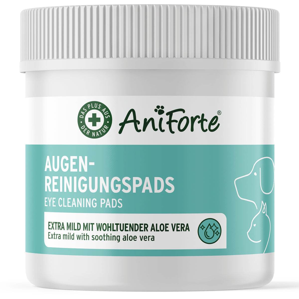 Dose Augen-Reinigungspads für Hunde und Katzen mit pflegender Aloe Vera, geeignet für Welpen und Kitten.