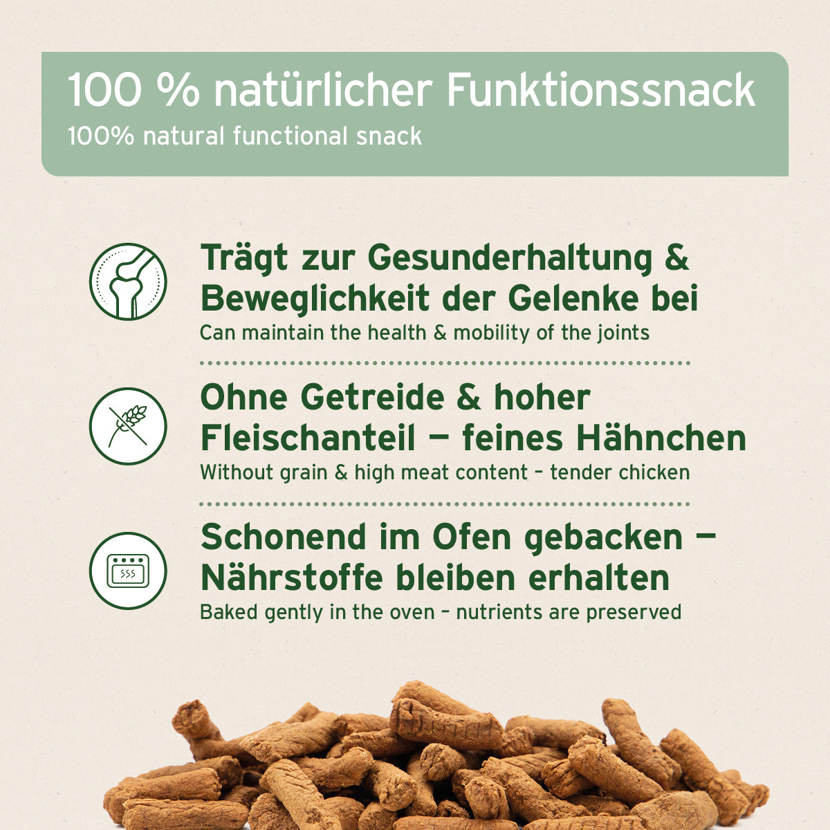 AniForte Gelenk Snack – natürlicher Hundesnack zur Gelenkgesundheit mit hohem Hähnchenfleischanteil, frei von Getreide, schonend gebacken für mehr Beweglichkeit.