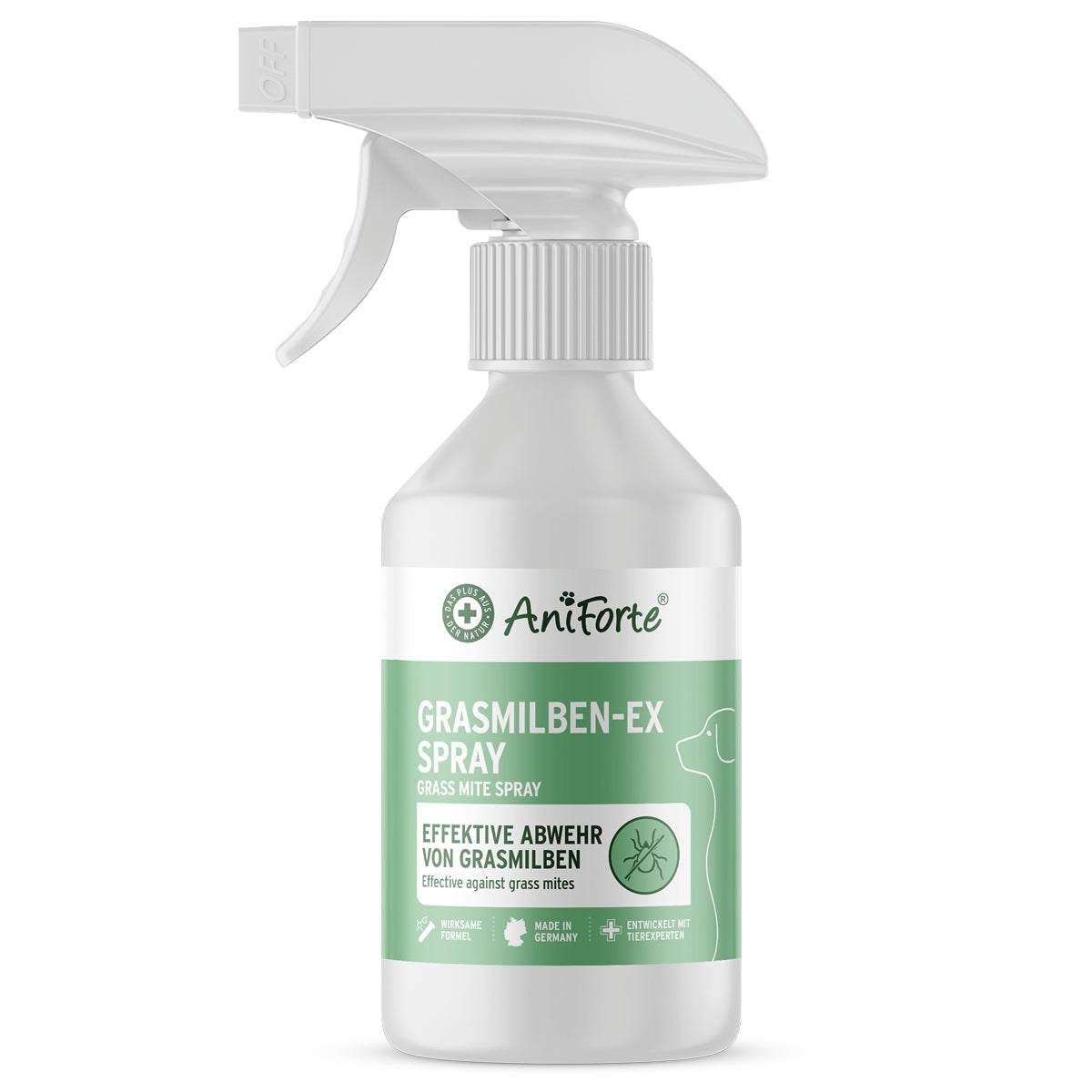 Grasmilben-EX Spray gegen Milben bei Hunden, effektives Mittel mit ätherischen Ölen und Geraniol, beruhigt gereizte Hautstellen.