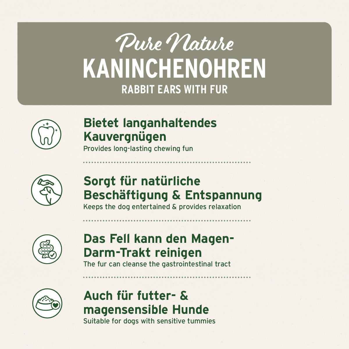 Kaninchenohren mit Fell als natürlicher Kausnack für Hunde zur stressfreien Beschäftigung und Verdauungsförderung