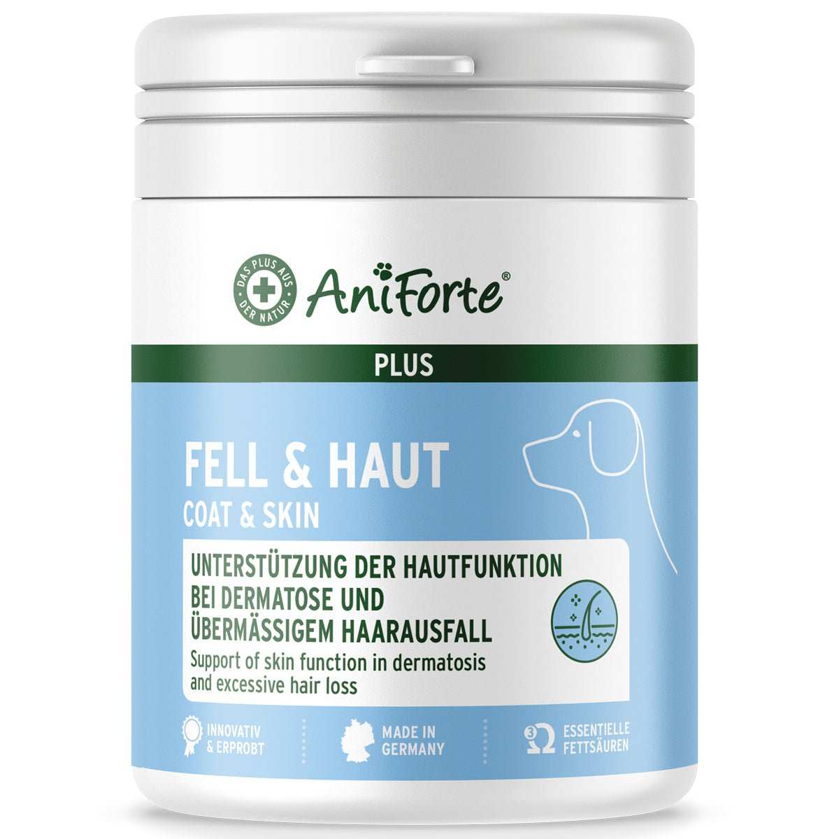Türkise Dose AniForte plus Fell & Haut Diät-Ergänzungsfuttermittel für Hunde zur Unterstützung der Hautfunktion bei Dermatose und Haarausfall.