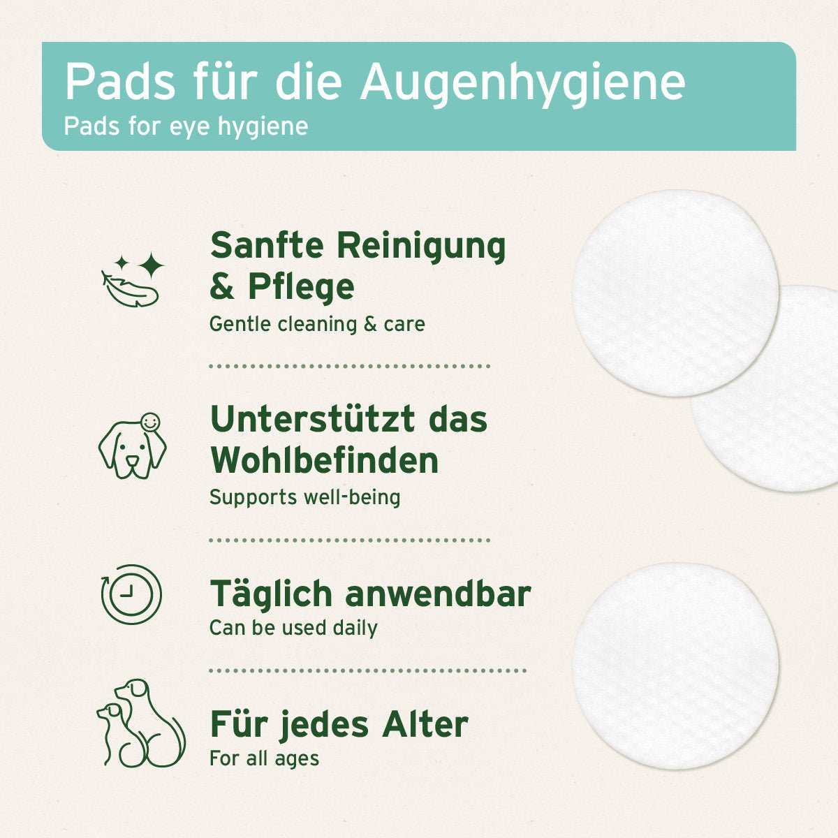 Informationsgrafik mit den Vorzügen des Artikels Augen-Reinigungspads für Hunde & Katzen, sanfte Pflege mit Aloe Vera, pflanzliche und parfümfreie Rezeptur, geeignet für tägliche Anwendung,
