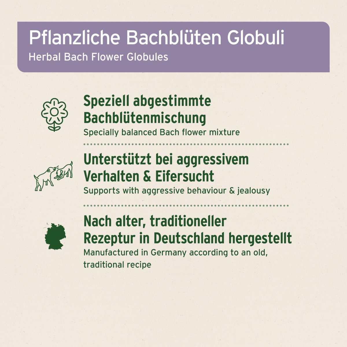 Informationsgrafik zu Pflanzliche Bachblüten Globuli zur Unterstützung bei aggressivem Verhalten und Eifersucht bei Haustieren, hergestellt nach traditioneller Rezeptur in Deutschland.
