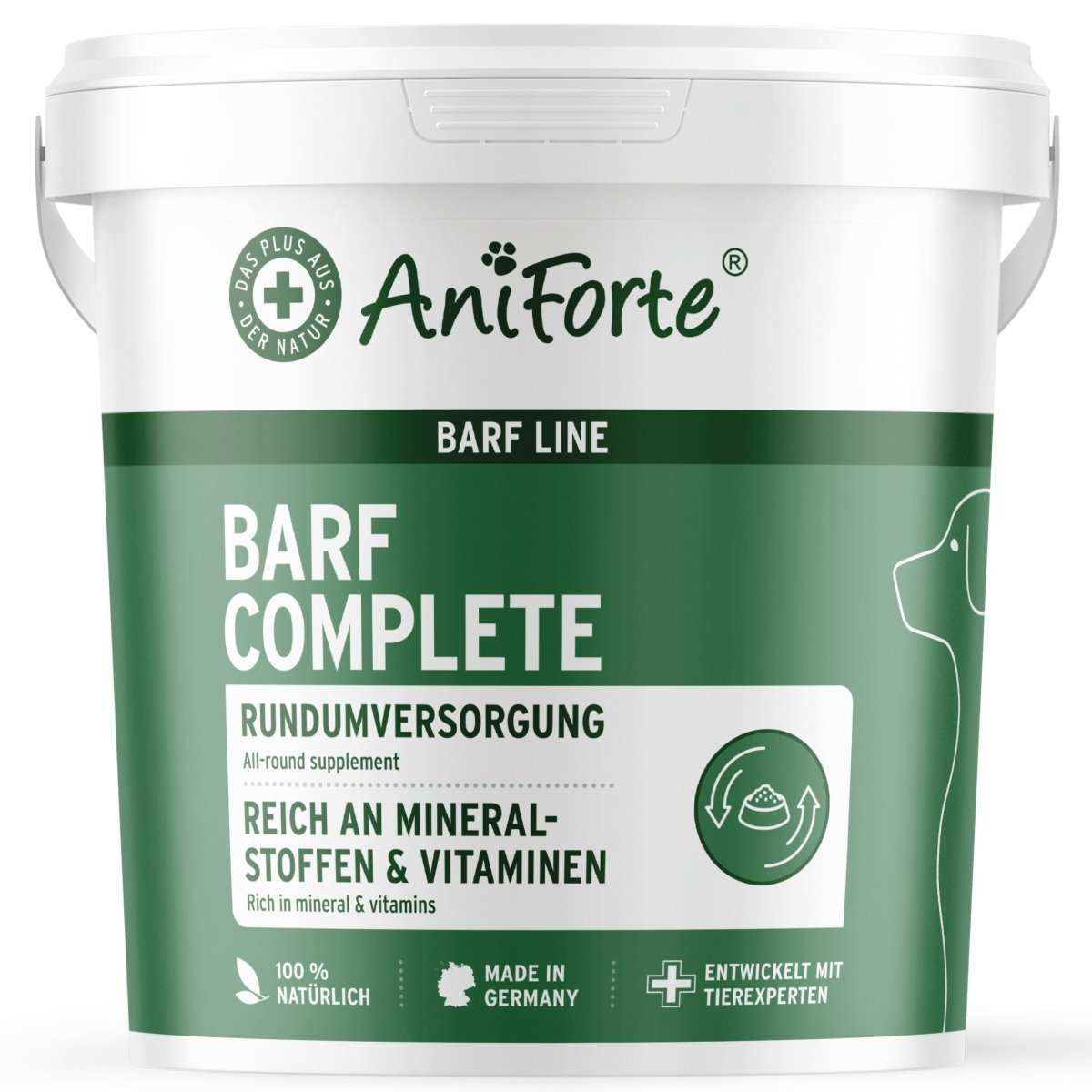 Eimer BARF Complete Zusatz Pulver für Hunde, natürliche Rundumversorgung, reich an Mineralstoffen und Vitaminen, artgerecht für ausgewogene Rohfütterung.