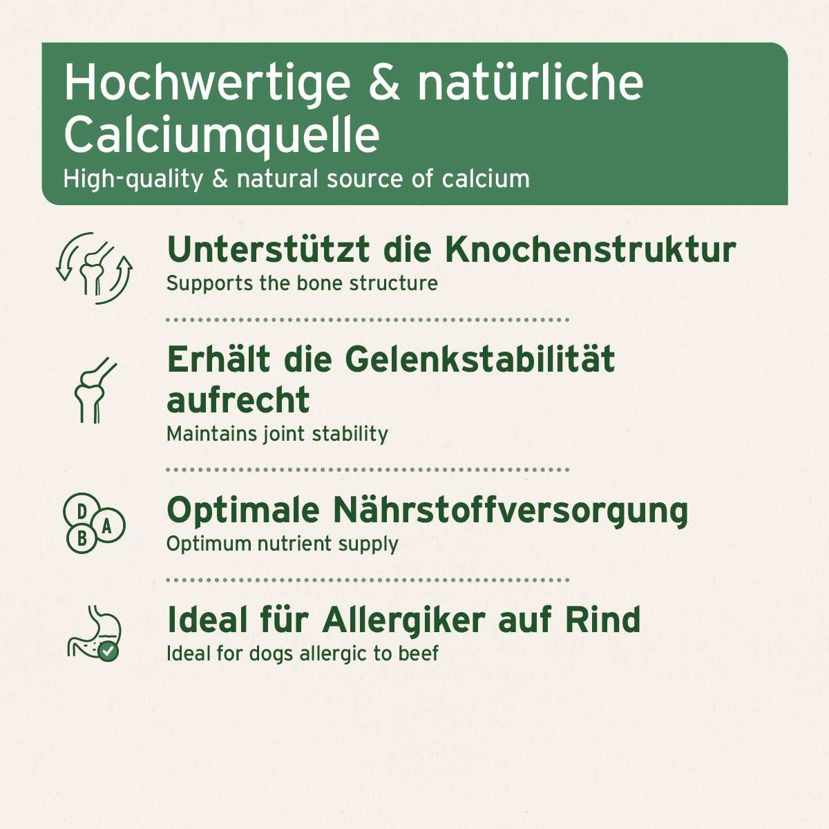 Grafische Darstellung der Vorteile BARF - Line Gemahlene Knochen vom Pferd - AniForte