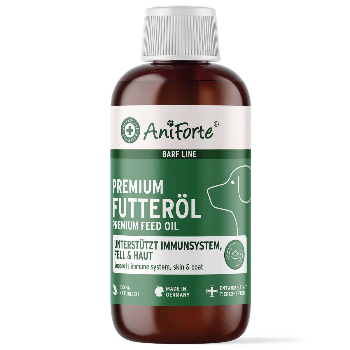 Flasche BARF-Line Premium Futteröl für Hunde, hochwertiges Ergänzungsfuttermittel mit essenziellen Fettsäuren, unterstützt Fell, Haut und Immunsystem.