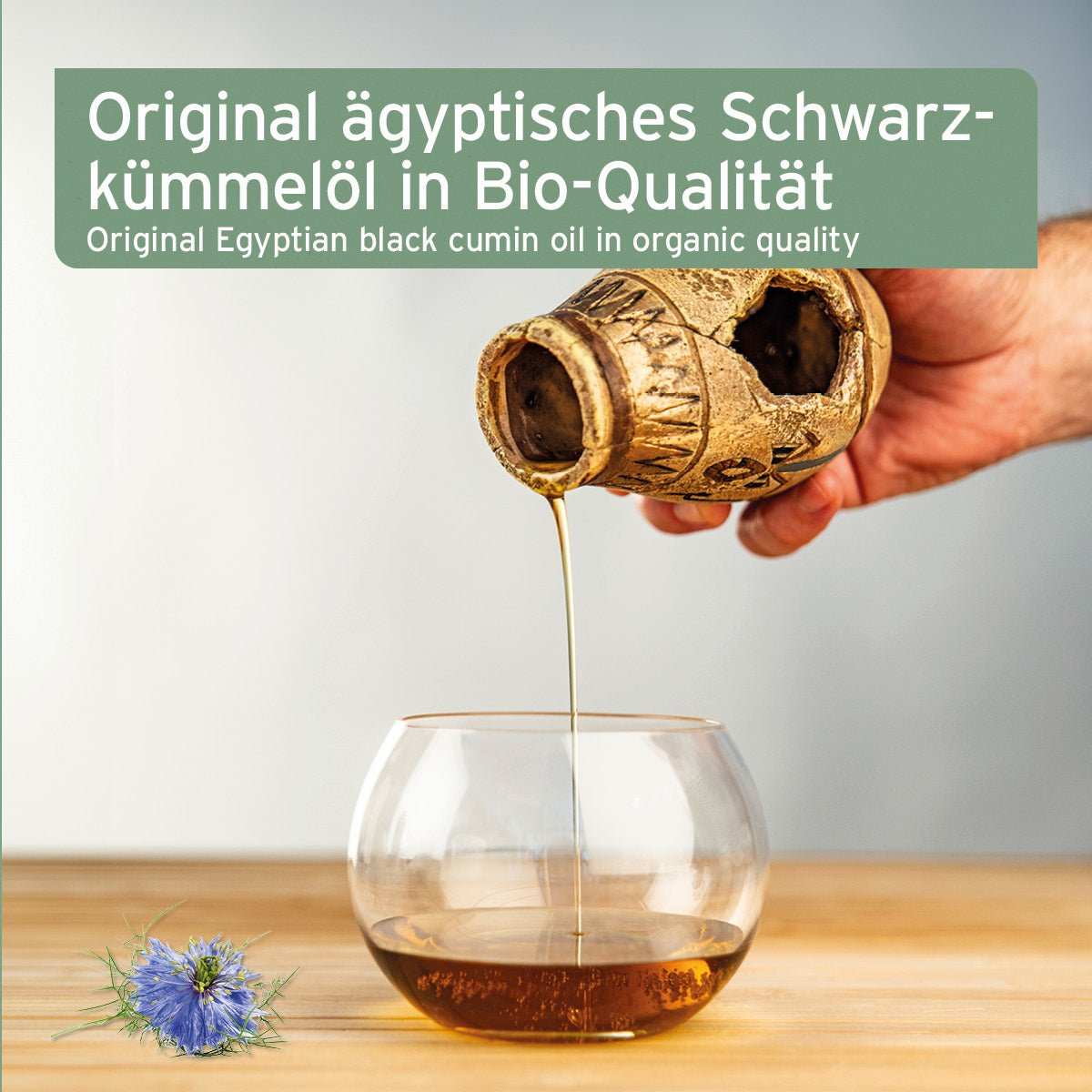 Original ägyptisches Bio-Schwarzkümmelöl, das in ein Glas gegossen wird, neben einer Schwarzkümmelblüte.