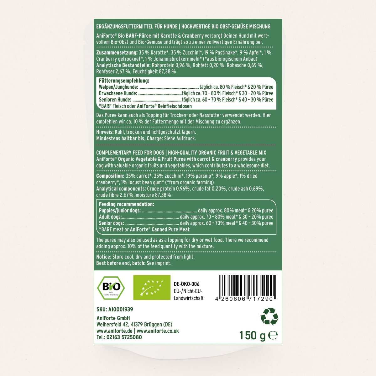Bio BARF-Püree für Hunde – Karotte & Cranberry, hochwertige BIO Obst- und Gemüse-Mischung.