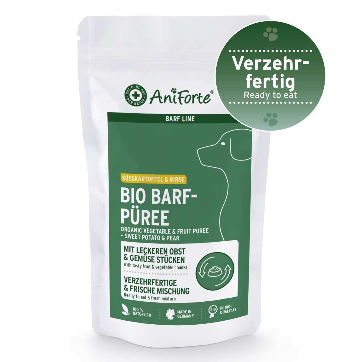 Organic BARF puree sweet potato pear for dogs, AniForte, natural ingredients, ready to eat.