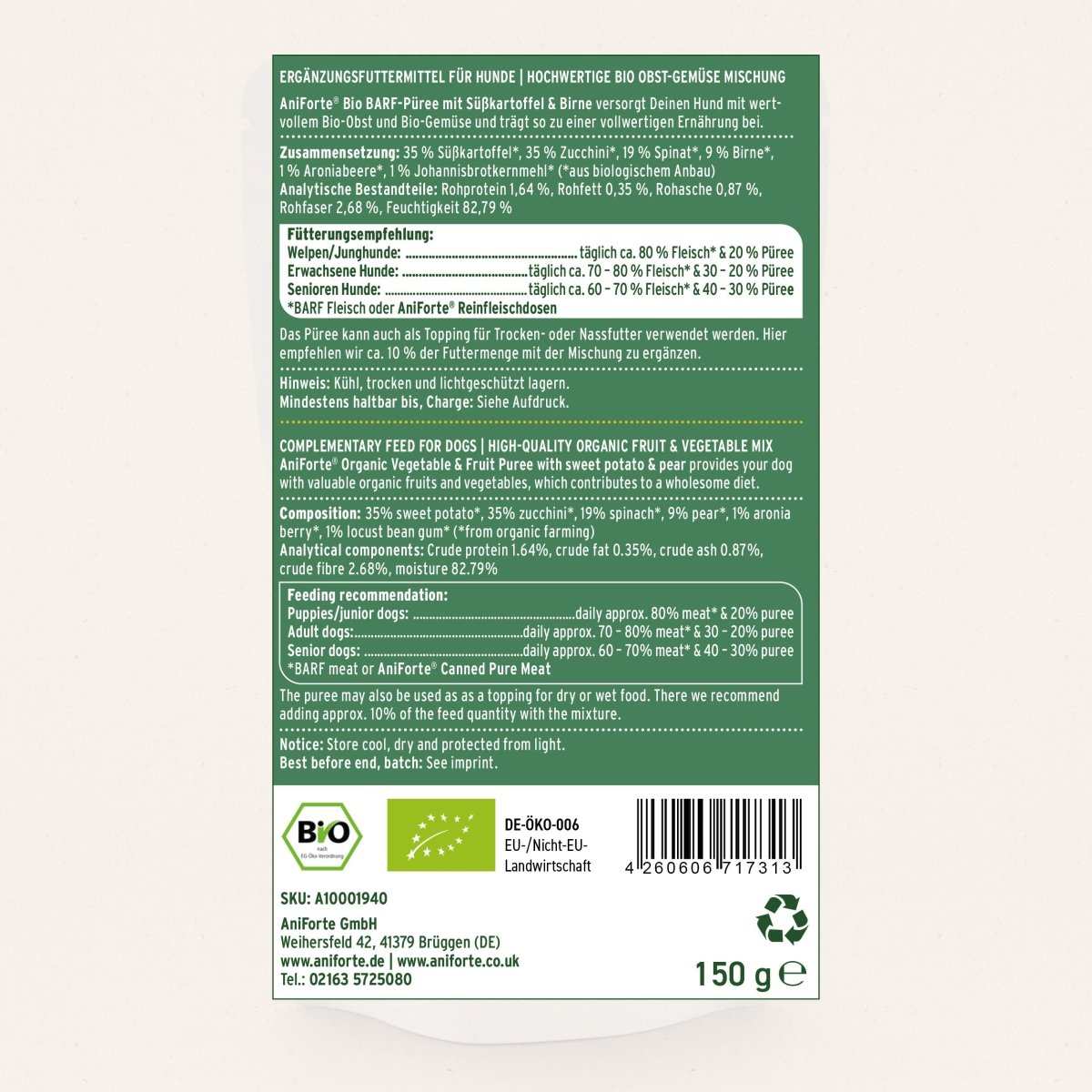 Bio BARF-Püree – Süßkartoffel und Birne für Hunde, 100% Bio-Inhaltsstoffe, unterstützt vollwertige Ernährung, ideal als BARF-Ergänzung oder Topping.