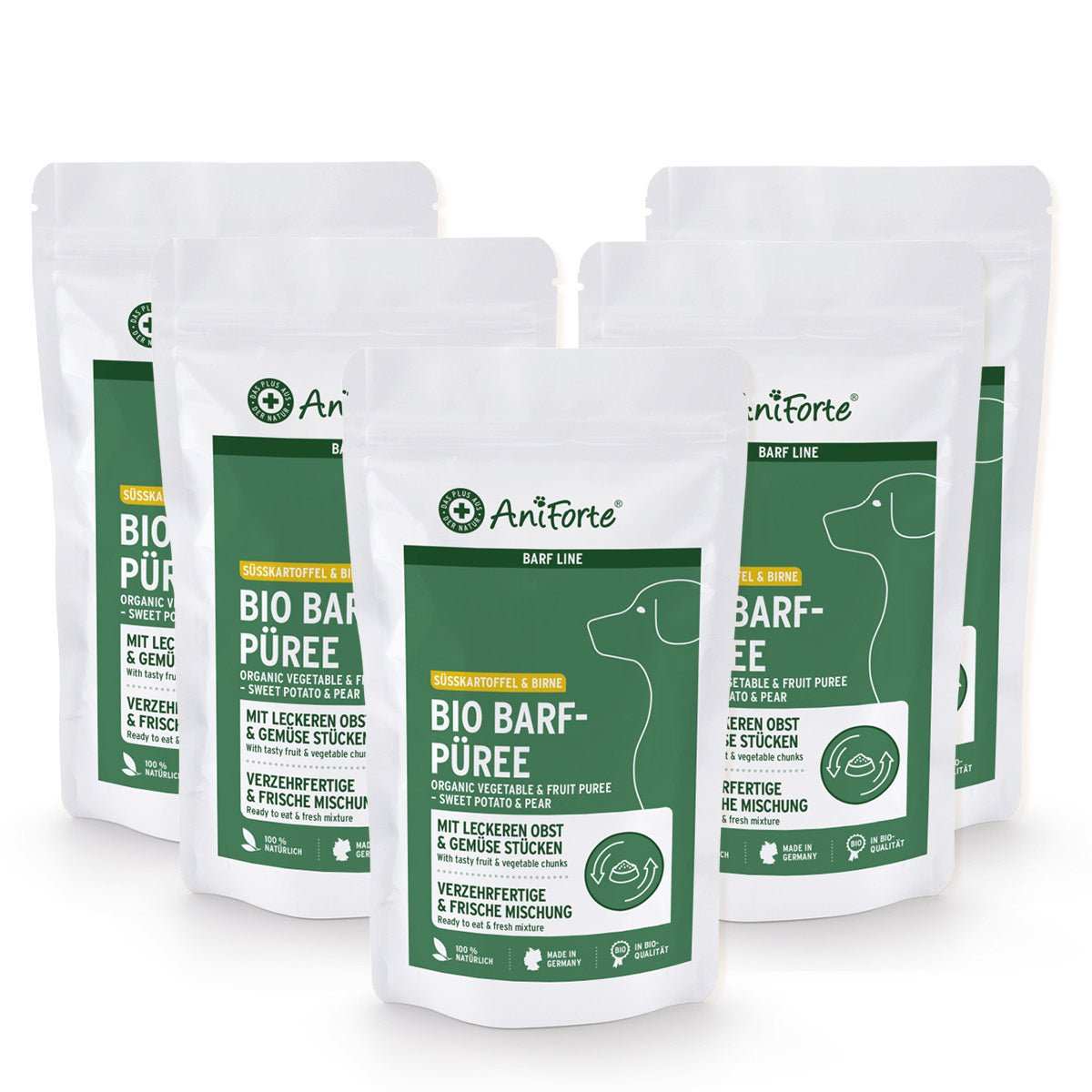 Bio BARF-Püree Süßkartoffel & Birne, organisches Hunde-Obst-Gemüse, AniForte Verpackung.