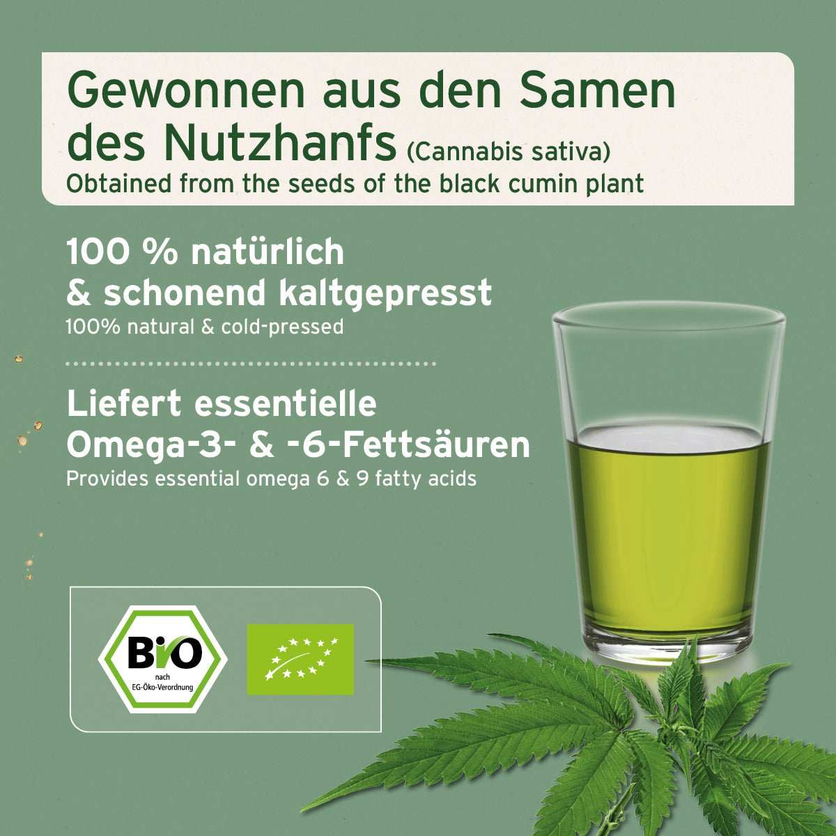 Glas befüllt mit Bio Hanföl und Hanfblatt.