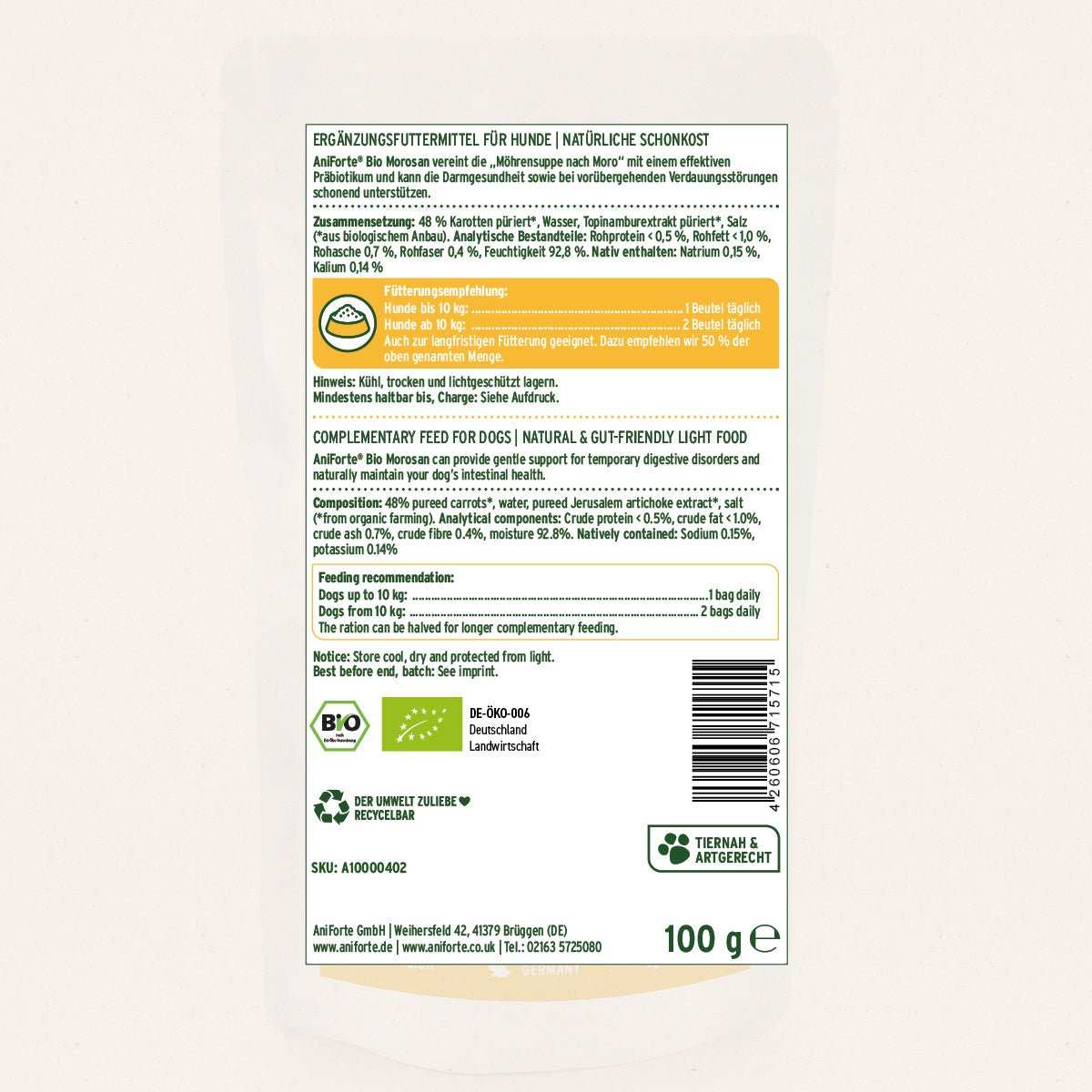 Bio Morosan Ergänzungsfuttermittel für Hunde, natürliche Schonkost, 100g Packung.