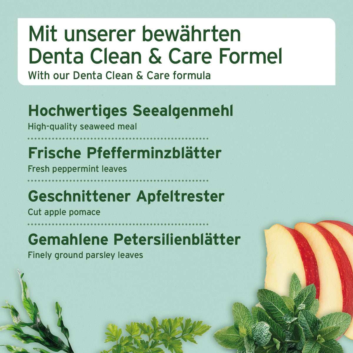 Zutatenliste für Hunde Denta-Snacks Bilder von Seealgenmehl, Pfefferminz, Apfeltrester und Petersilie.