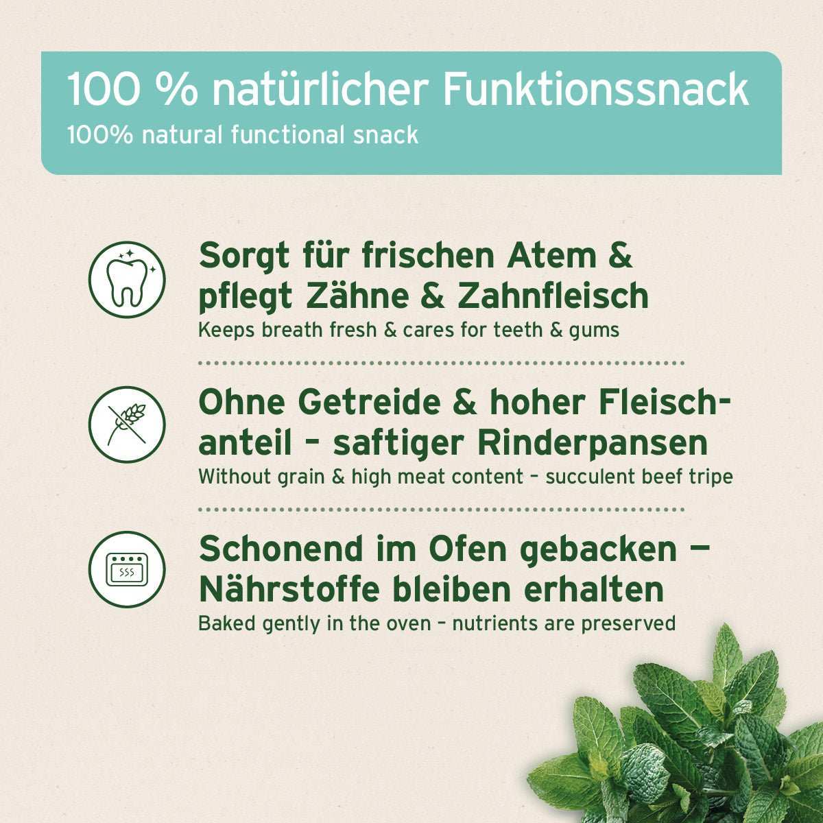 Denta - Snack - AniForte Piktogramme Zahn, durchgestrichenes Getreide, Ofen und Bilder von frischer Minze.