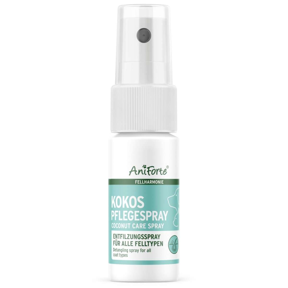 Coconut-scented pet care spray for all coat types, enhances shine and manageability with natural ingredients.