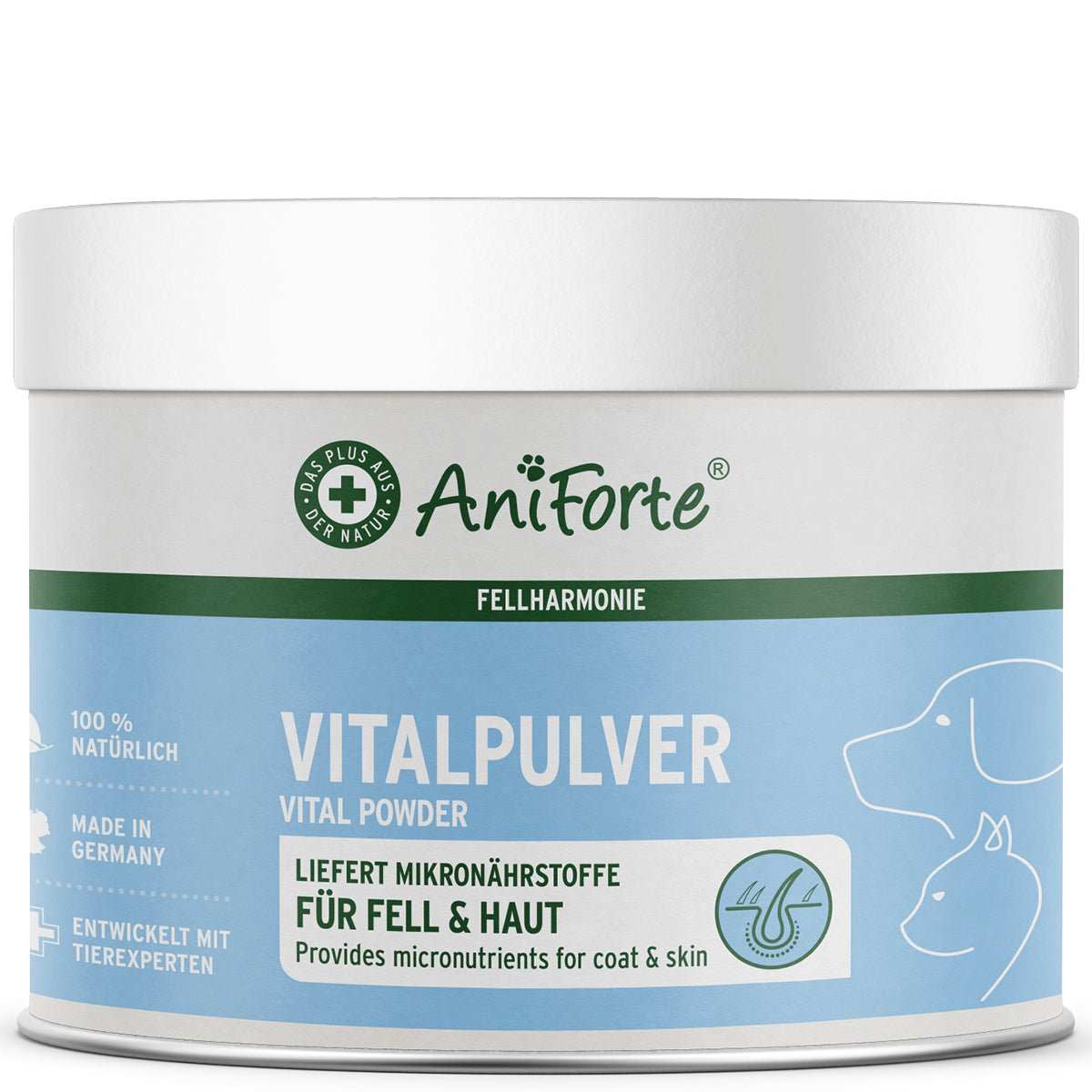Natürliche Fellpflege AniForte® Fellharmonie Vitalpulver für glänzendes Fell und vitale Haut.