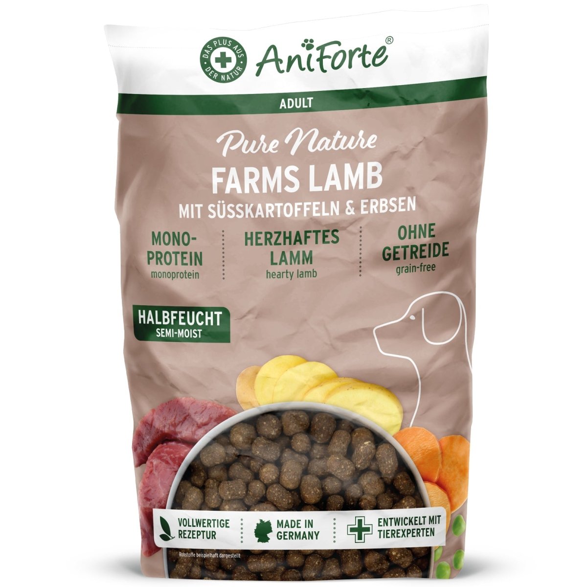 Halbfeuchtes Trockenfutter FarmsLamb mit herzhaftem Lamm und Süßkartoffeln für Hunde