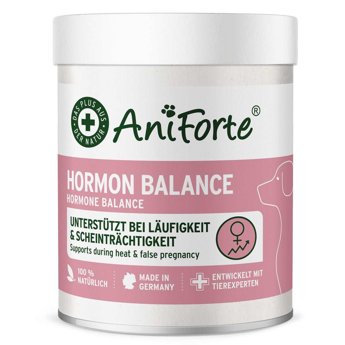 Natural supplement for dogs, supports hormonal balance during heat and false pregnancy, 100% natural ingredients.