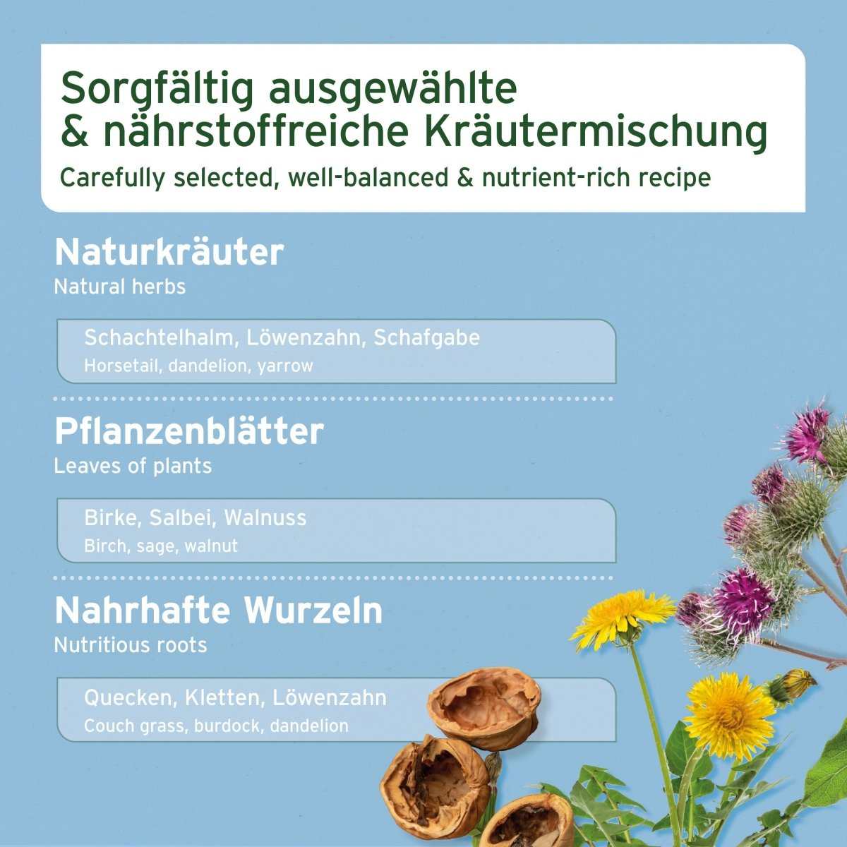 Mauke-Formel Kräutermischung für Pferde mit Schachtelhalm, Löwenzahn und Schafgabe zur Unterstützung der Haut- und Stoffwechselfunktion.
