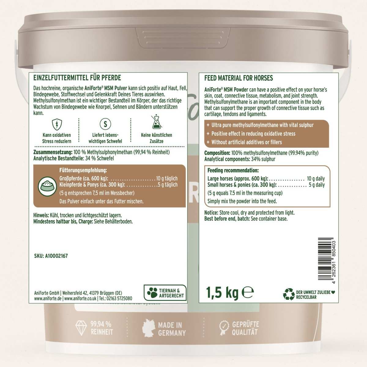 Etikett MSM Pulver für Pferde von AniForte, 1,5 kg Behälter, unterstützt Gelenke und Stoffwechsel, 100% Methylsulfonylmethan.