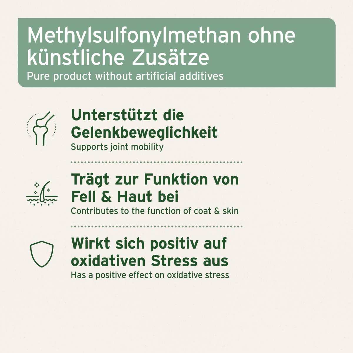 Piktogramme unterstützt Gelenkbeweglichkeit, fördert Fell- und Hautgesundheit, positive Wirkung auf oxidativen Stress.