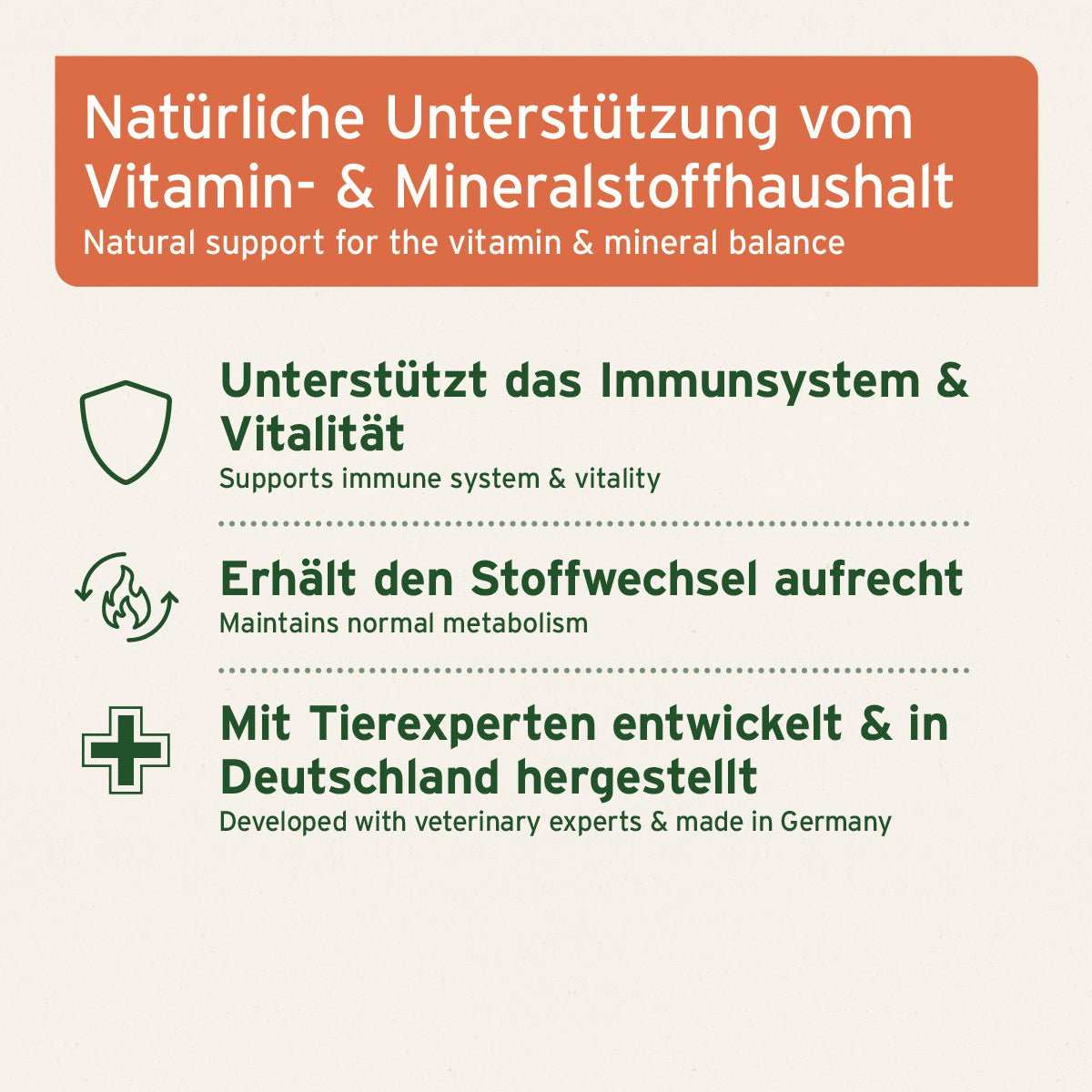 Natürliche Unterstützung des Vitamin- und Mineralstoffhaushalts für Hunde und Katzen, fördert Immunsystem und Stoffwechsel, entwickelt in Deutschland.