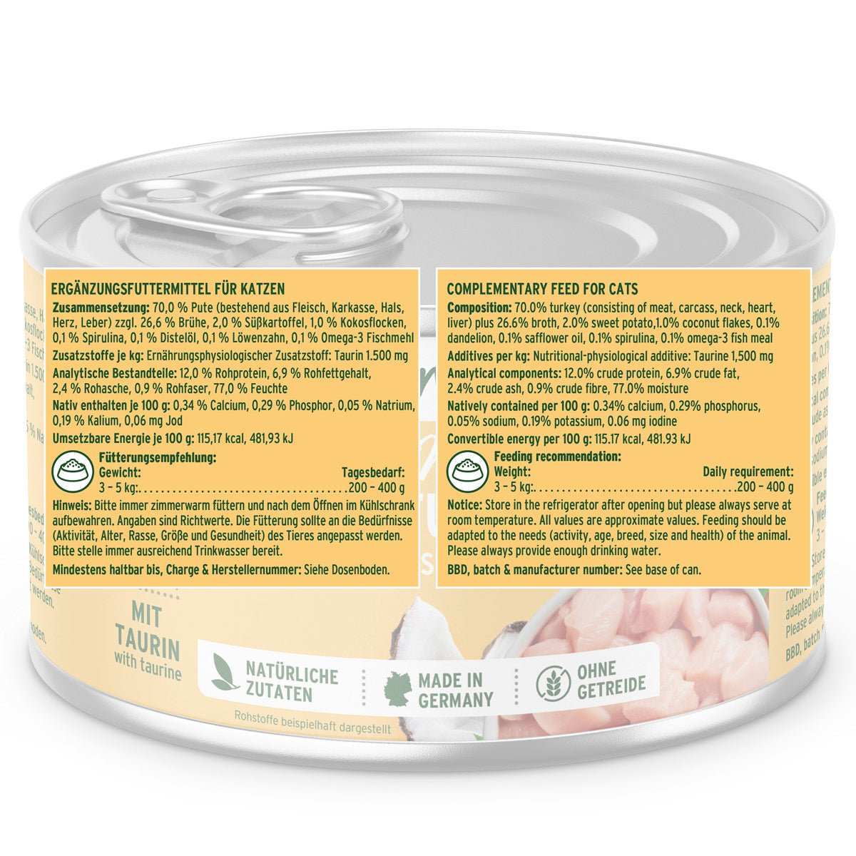 Nassfutter Fine Turkey für Katzen mit Pute und Süßkartoffel, 100 % getreidefreies Premiumfutter. Inhaltsangabe.