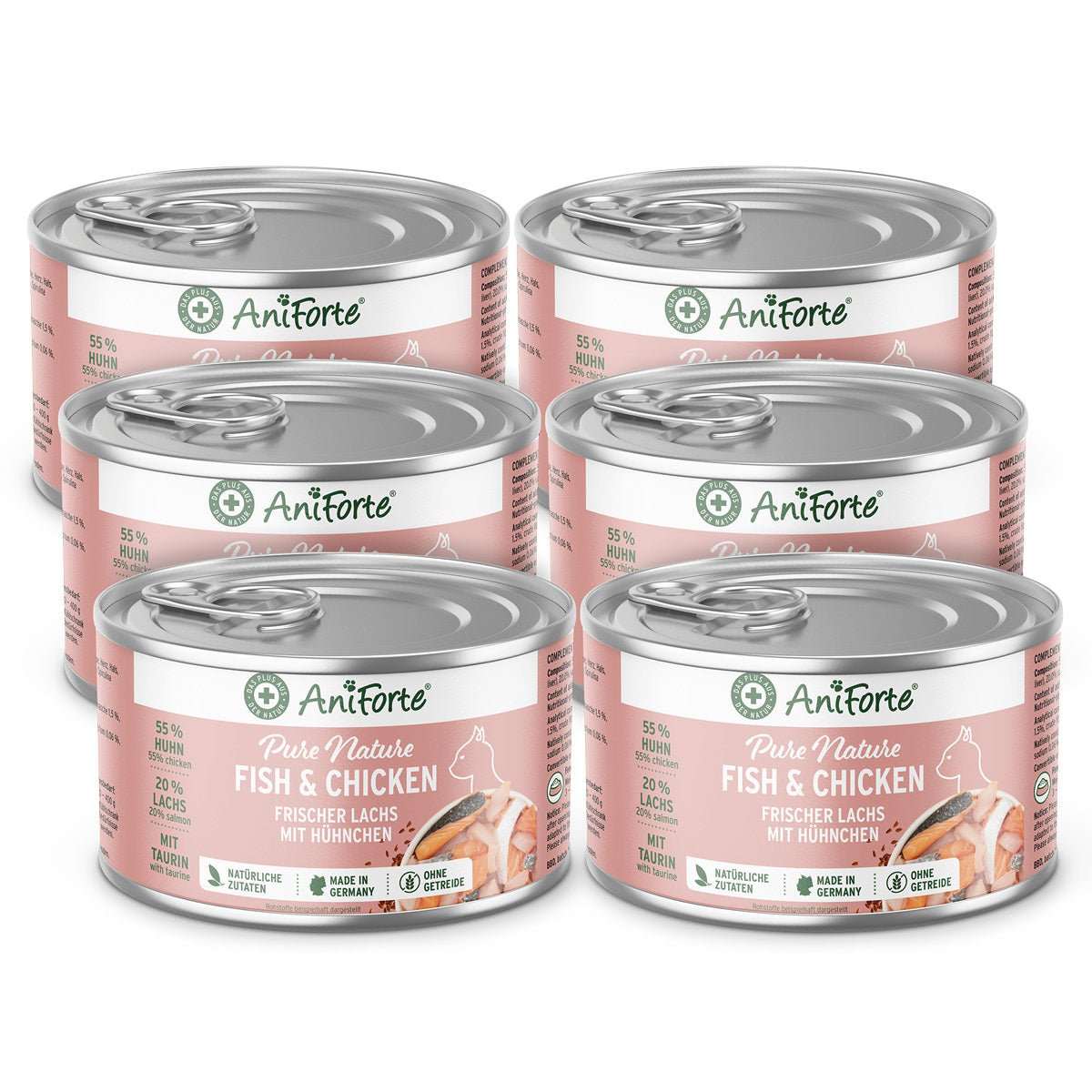 Nassfutter Fisch & Hühnchen von AniForte mit Lachs und Huhn, getreidefrei, für Katzen.