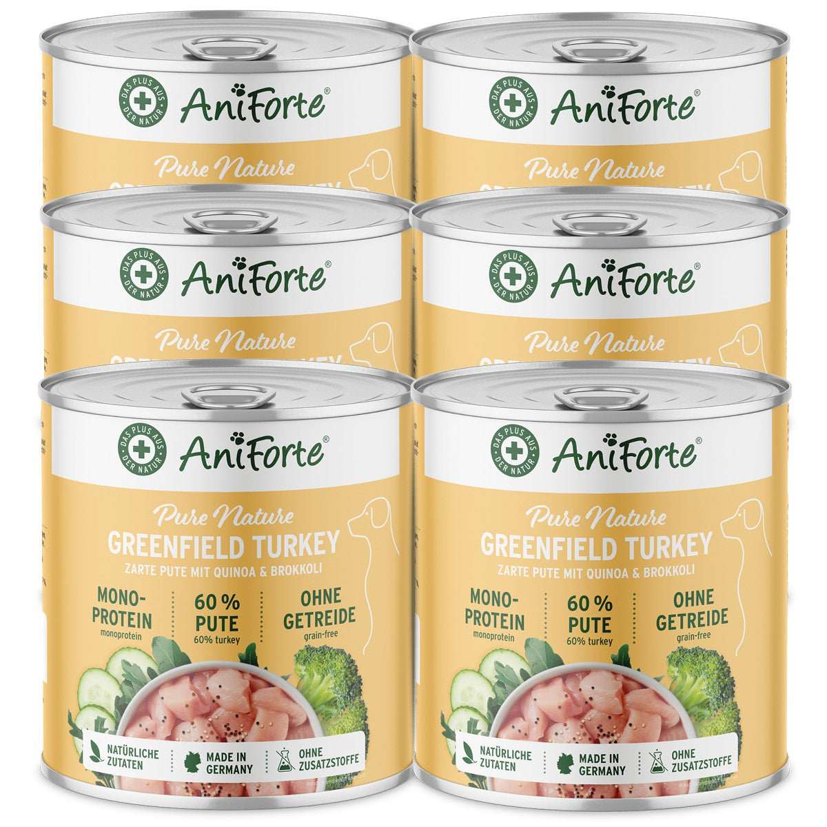 6 Dosen AniForte Pure Nature Nassfutter Greenfield Turkey, Pute mit Quinoa, für Hunde, getreidefrei.