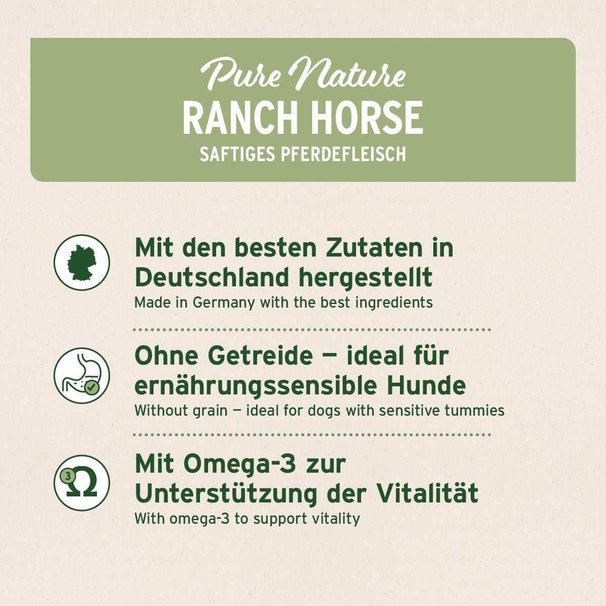 Informationen zum Premium Nassfutter für Hunde, Pferdefleisch mit Süßkartoffeln und Äpfeln, getreidefrei, mit Omega-3 zur Unterstützung der Vitalität.