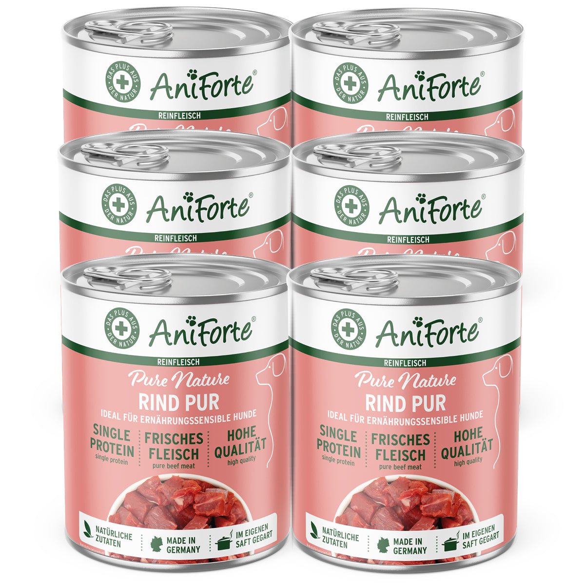 Sechs Dosen AniForte Nassfutter Rind Pur mit frischem Rindfleisch, getreidefrei und in Deutschland hergestellt