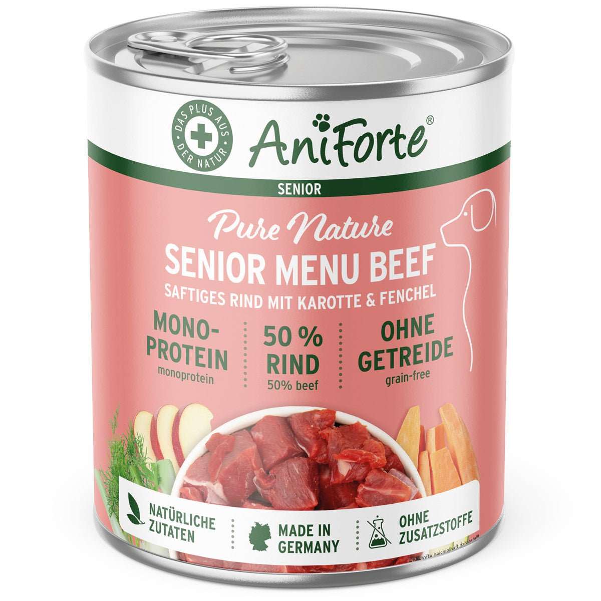 Nassfutter SENIOR Rind von AniForte in einer Dose, speziell für ältere Hunde mit 50 % Rind, ohne Getreide und Zusatzstoffe, hergestellt in Deutschland.