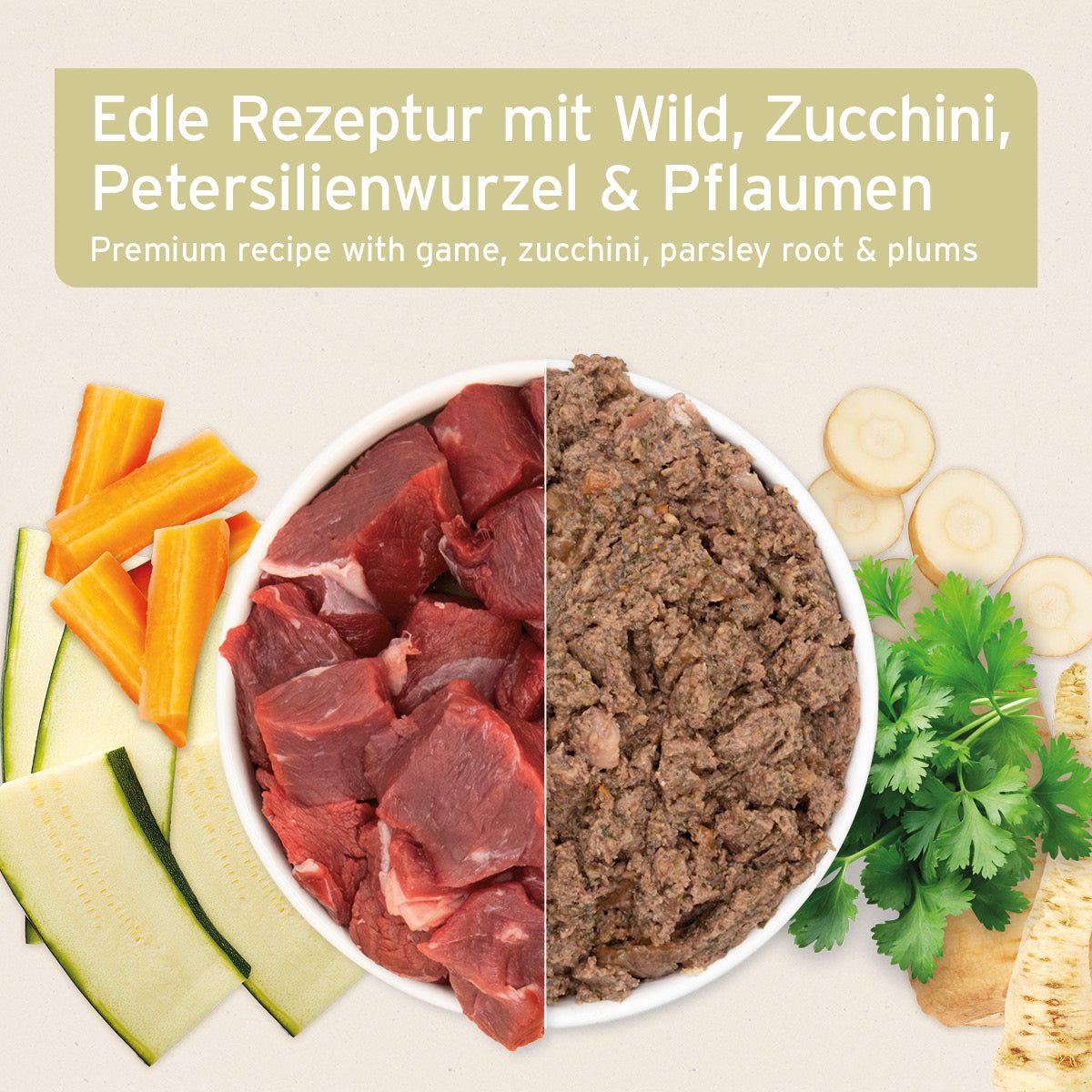 Nassfutter WildForest mit Wildfleisch, Zucchini, Petersilienwurzel und Pflaumen, getreidefrei und reich an Omega-3