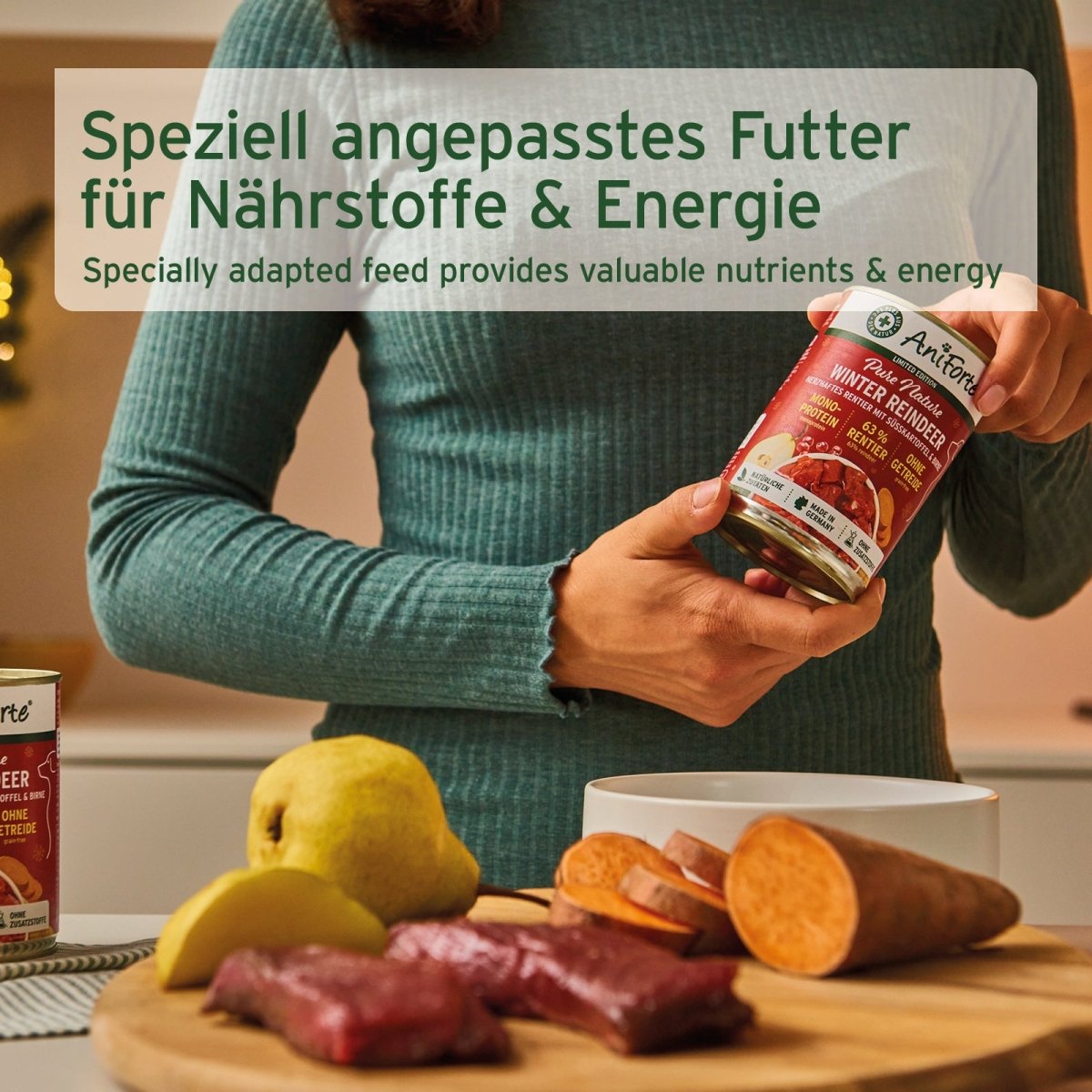 Nassfutter Winter Reindeer mit Rentier, Süßkartoffel, Birne und Hagebutte, getreidefrei und nährstoffreich für Hunde im Winter