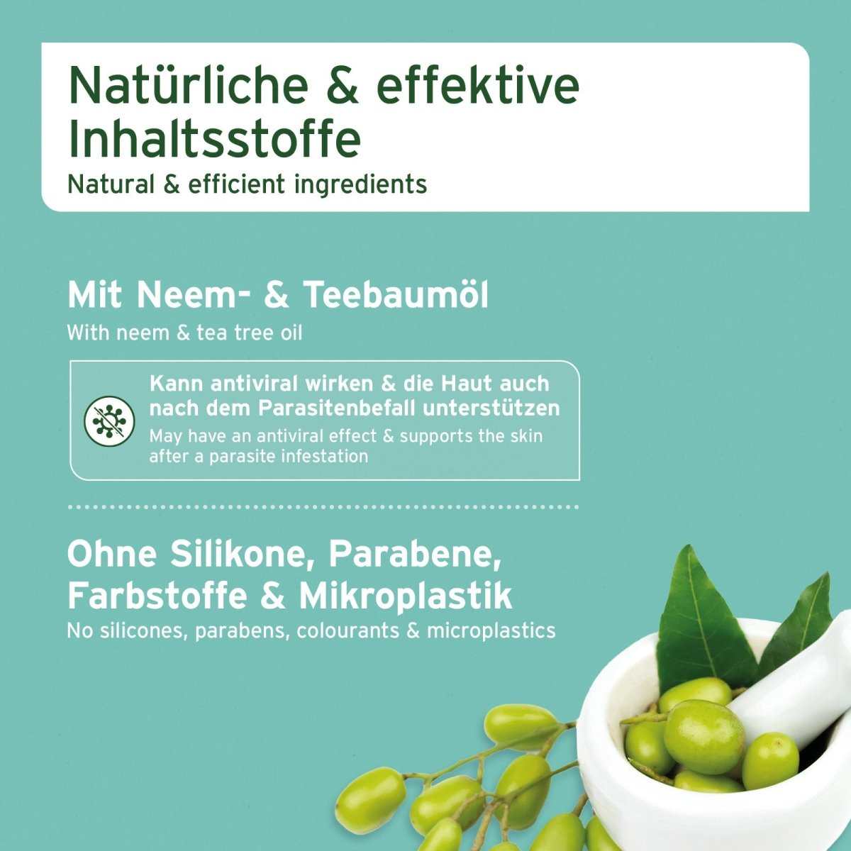 Grafik mit zusätzlichen Informationen Neemöl Shampoo für Hunde mit natürlichen Inhaltsstoffen, pflegt und schützt das Fell.