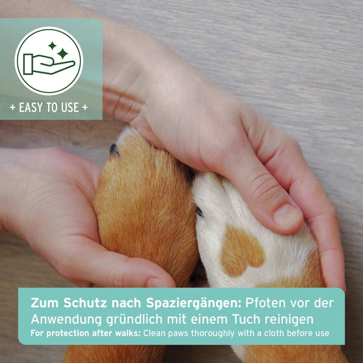 Pfotenschutz Balsam Anwendung auf Hundepfote zur Pflege und Schutz.