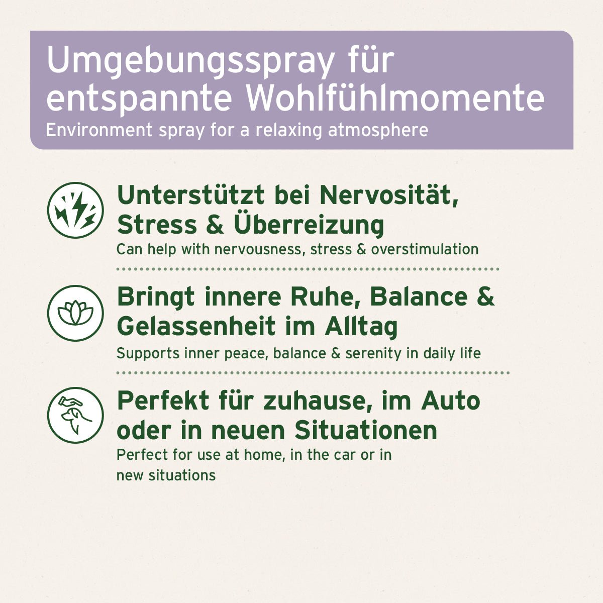 Beruhigendes Umgebungsspray für Hunde und Katzen mit Lavendel, Vanille und Kamille zur Entspannung