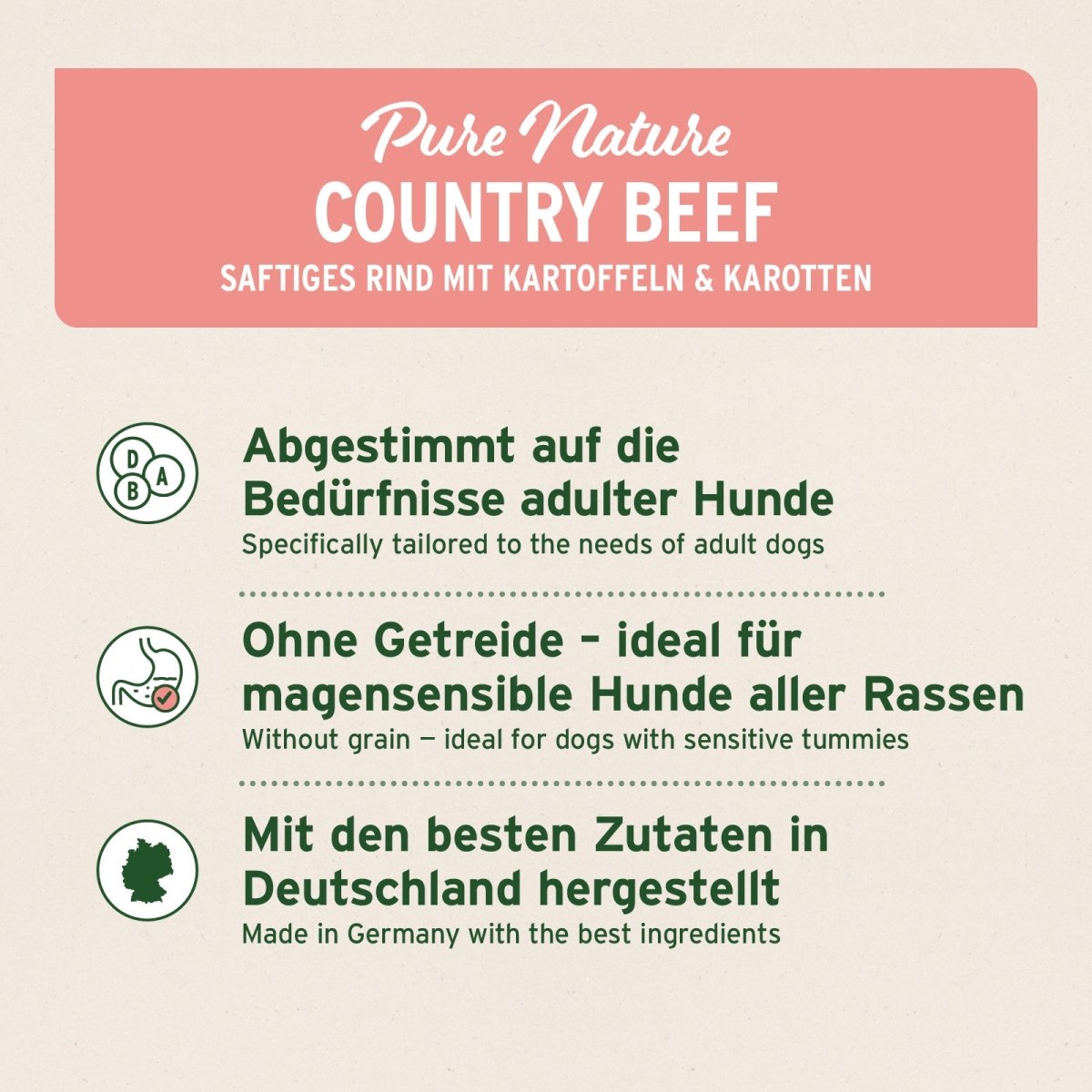 Trockenfutter Rind mit Kartoffeln und Karotten für magensensible Hunde ohne Getreide, in Deutschland hergestellt