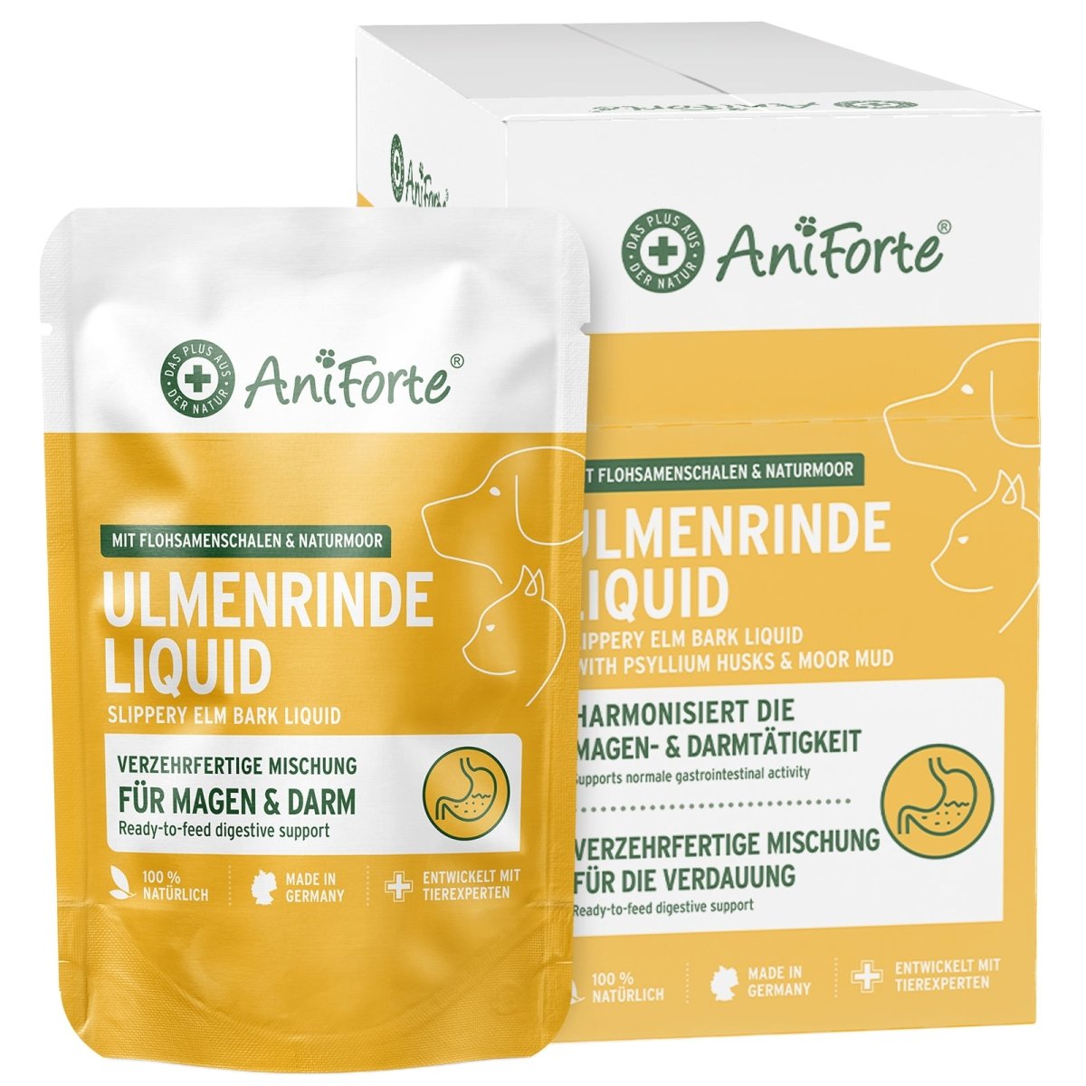 AniForte® Ulmenrinde Liquid für Hunde und Katzen zur natürlichen Magen-Darm-Unterstützung unterwegs