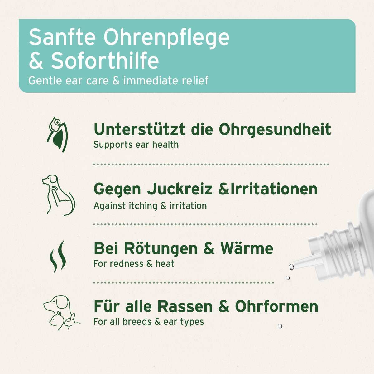 Piktogramme Ohren, kratzender Hund, Hitze und Hund, Katze und Kaninchen.