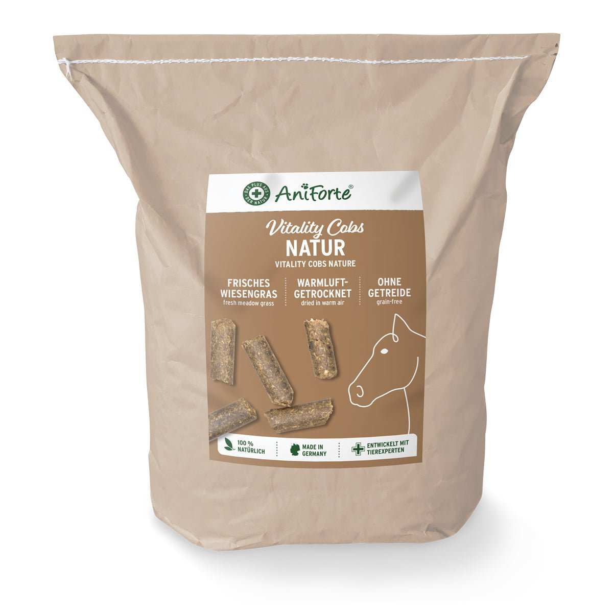 AniForte Vitality Cobs Natur Heucobs für Pferde in brauner Verpackung, naturbelassenes Wiesengras, trocken verfüttern, ohne Getreide.