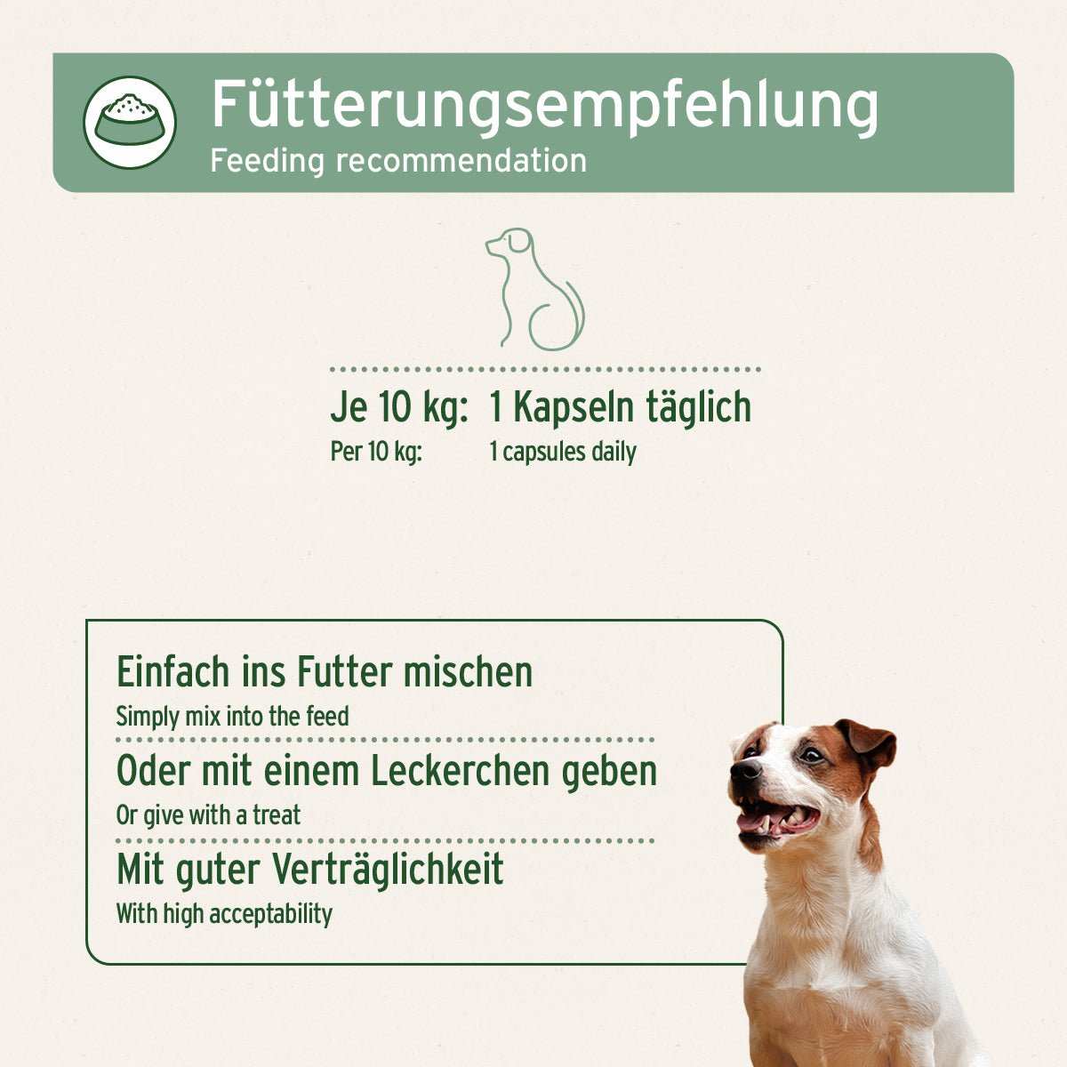 Fütterungsempfehlung für Weihrauch Kapseln für Hunde, Dosierung je 10 kg, einfache Mischung