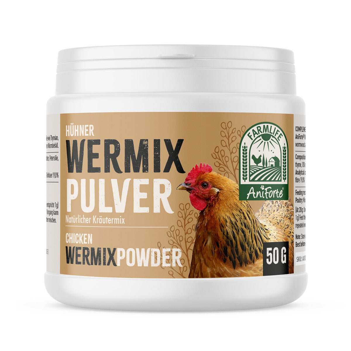 FarmLife WermiX für Geflügel, Kräutermischung zur Unterstützung nach Wurmbefall, 50g Dose.