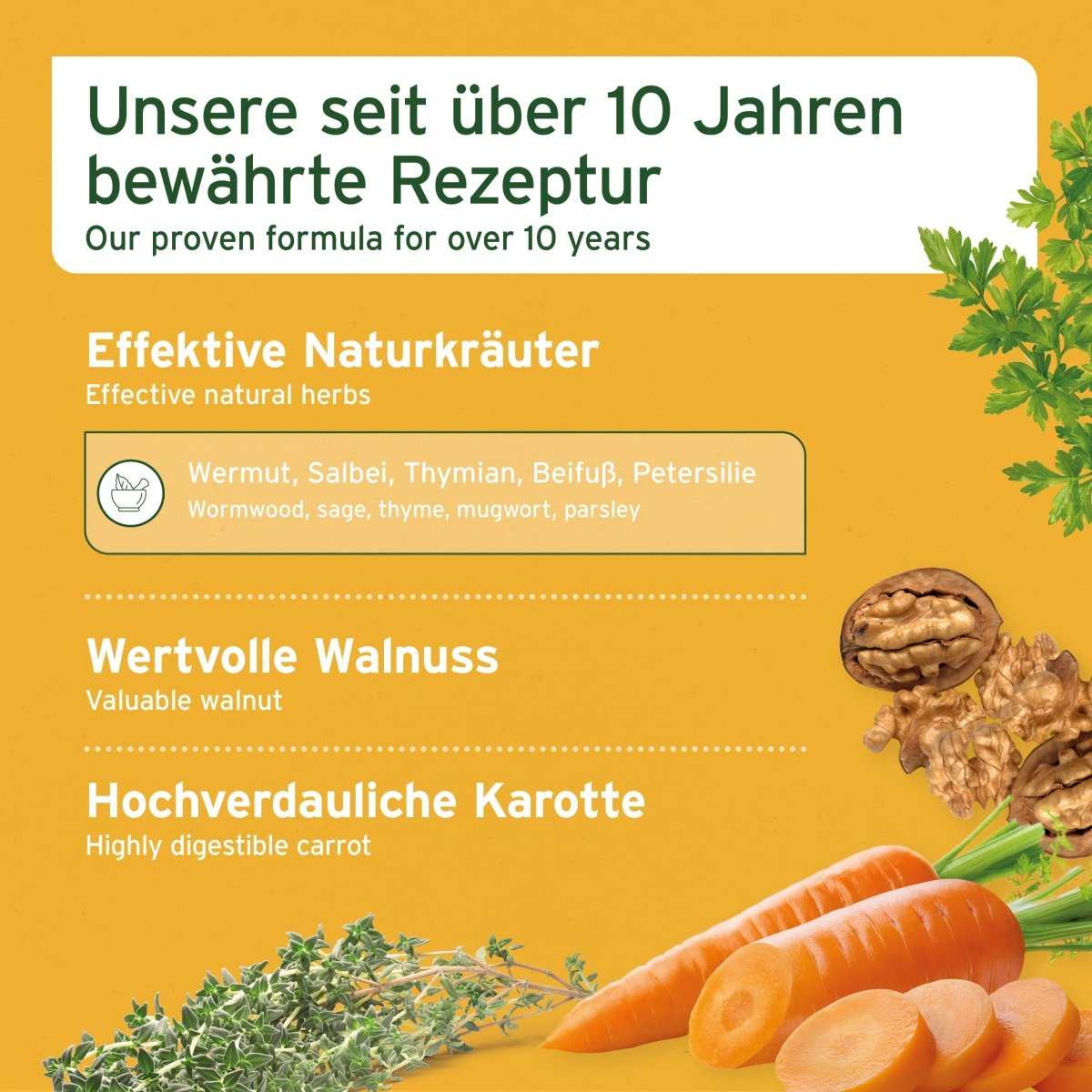 Natürlichen Kräuter und Walnussschalen mit Werbetext dargeboten.