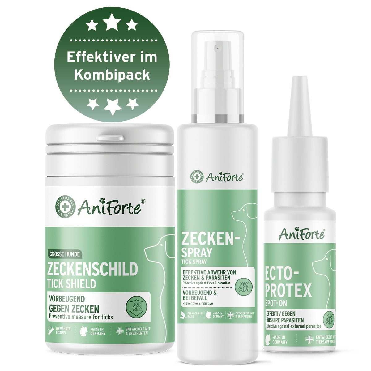 Zecken-Schutz L für Hunde mit Spot On, Zeckenschild-Kapseln und Zeckenspray von AniForte zur natürlichen Zeckenabwehr.
