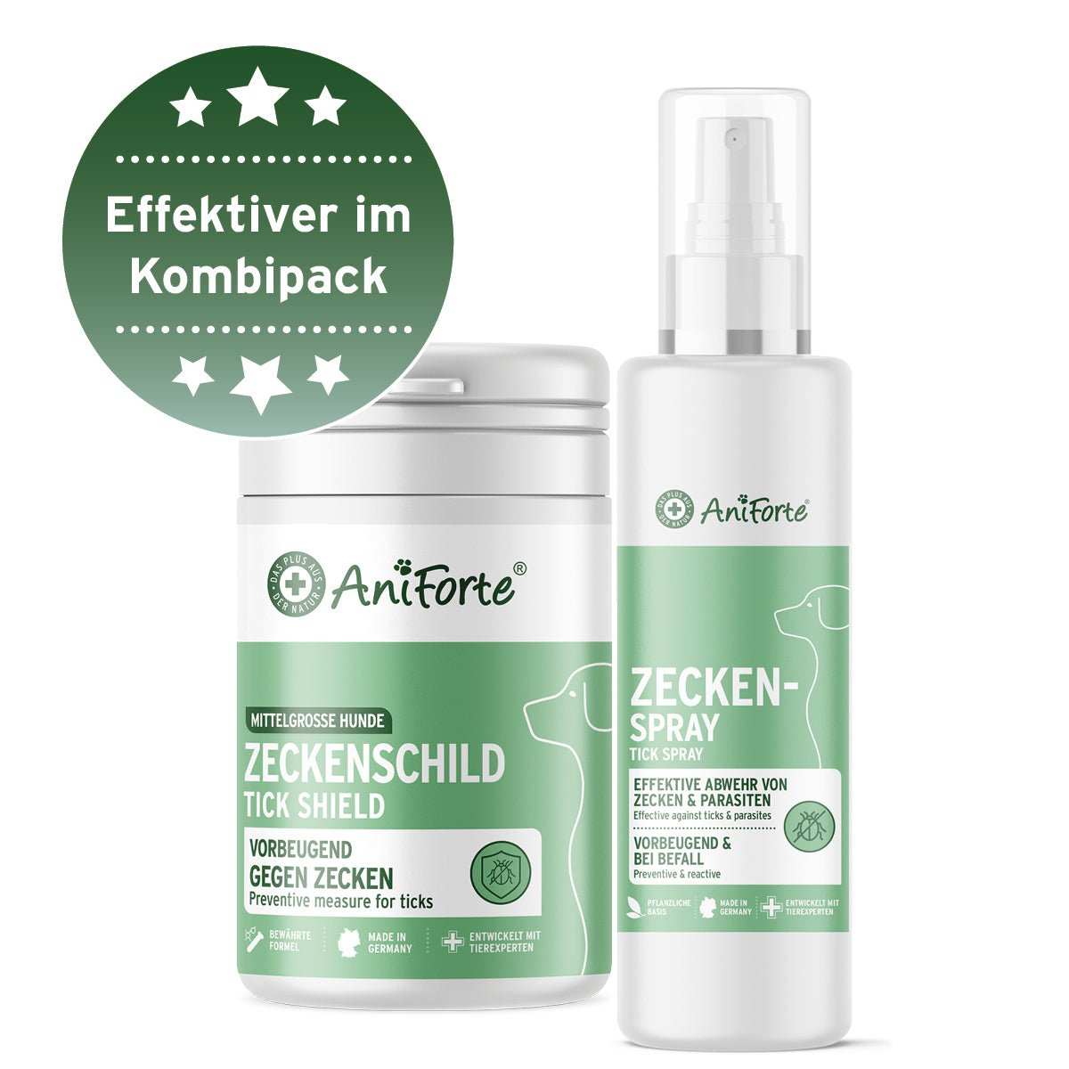 AniForte Zecken-Schutz M for dogs, featuring ZeckenSchild capsules and Zeckenspray for tick defense.
