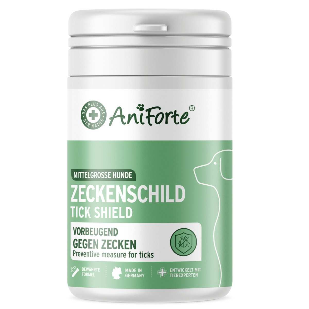 ZeckenSchild Kapseln für Hunde zur Unterstützung der Hautbarriere und Zeckenschutz.